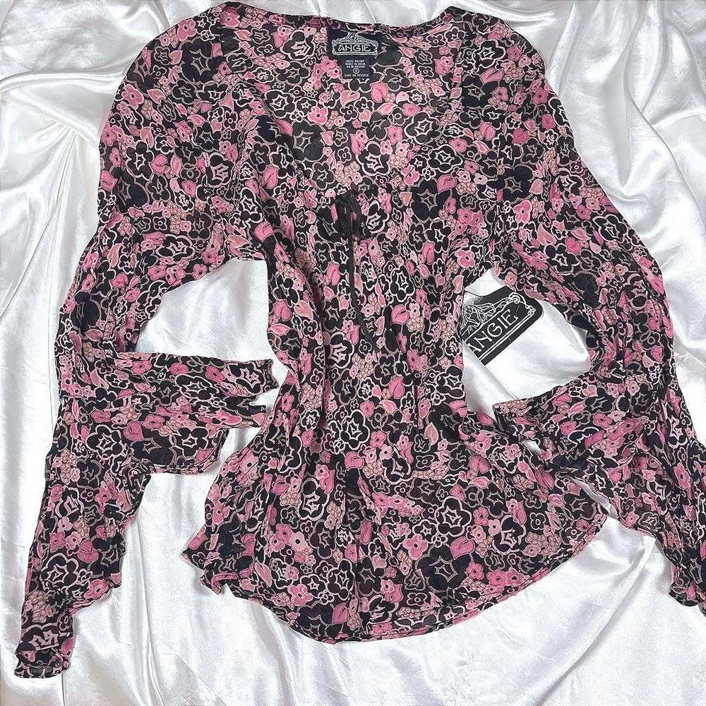 y2k Angie Blouse Pink NWT Sheer Floral Bell Sleeve Tie Front Boho Top